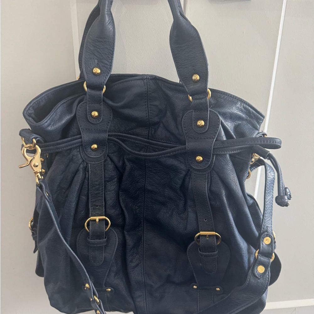 Sabina Black Leather Shoulder Bag with Gold Hardware